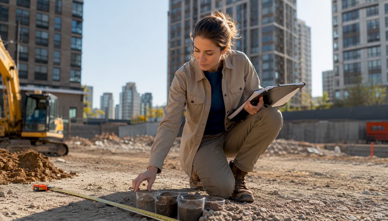 Eine Ingenieurin begutachtet die Baustelle und untersucht den Boden in unmittelbarer Nähe zum Bohrgerät.