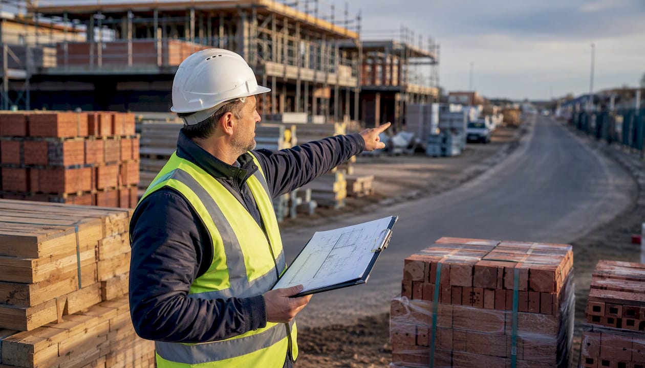 Der Bauleiter stimmt draußen auf der Baustelle die Anlieferungszeiten der Materialien ab.
