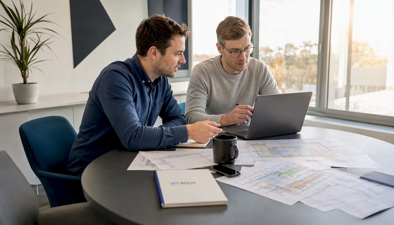 Mehrere Hände blättern am Konferenztisch durch BIM-Koordinationsunterlagen.