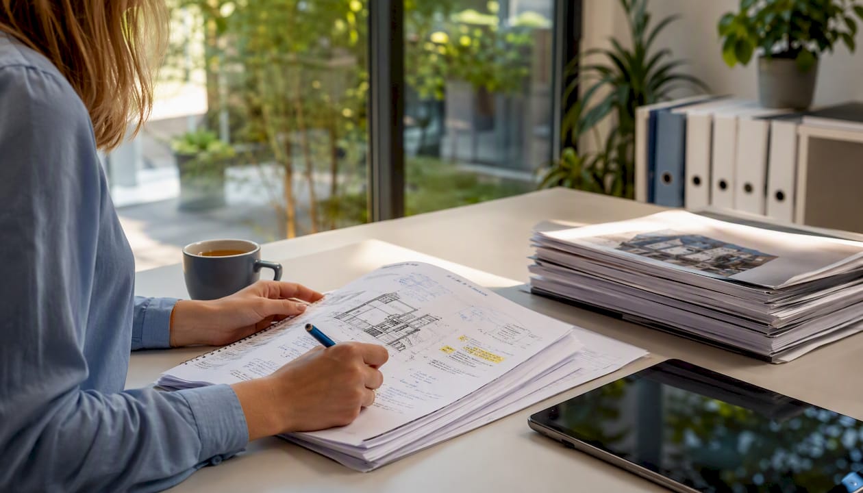 Die Architektin arbeitet am Betreiberkonzept und bringt ihre Ideen ins Papier.