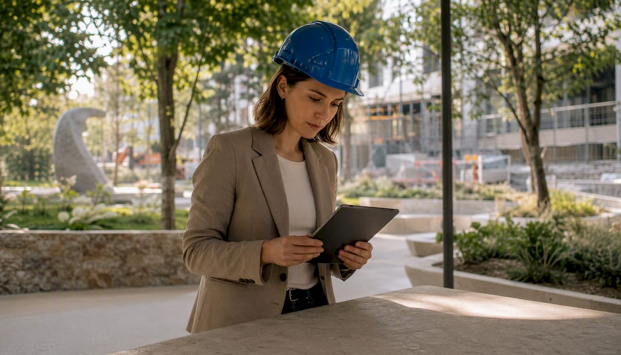 Eine Architektin steht am Rand der Baustelle und prüft die Pläne auf ihrem Tablet.