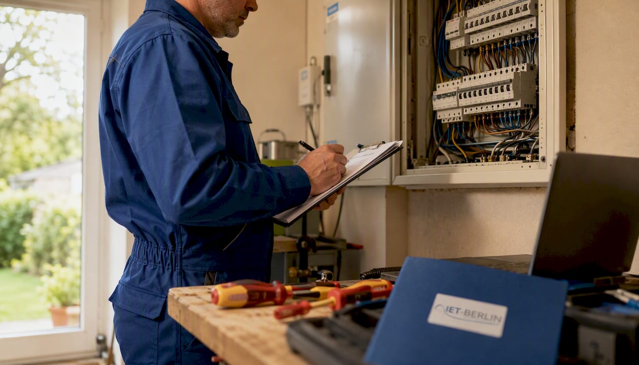 Ein Sachverständiger überprüft die Elektroinstallationen im Gerichtssaal.