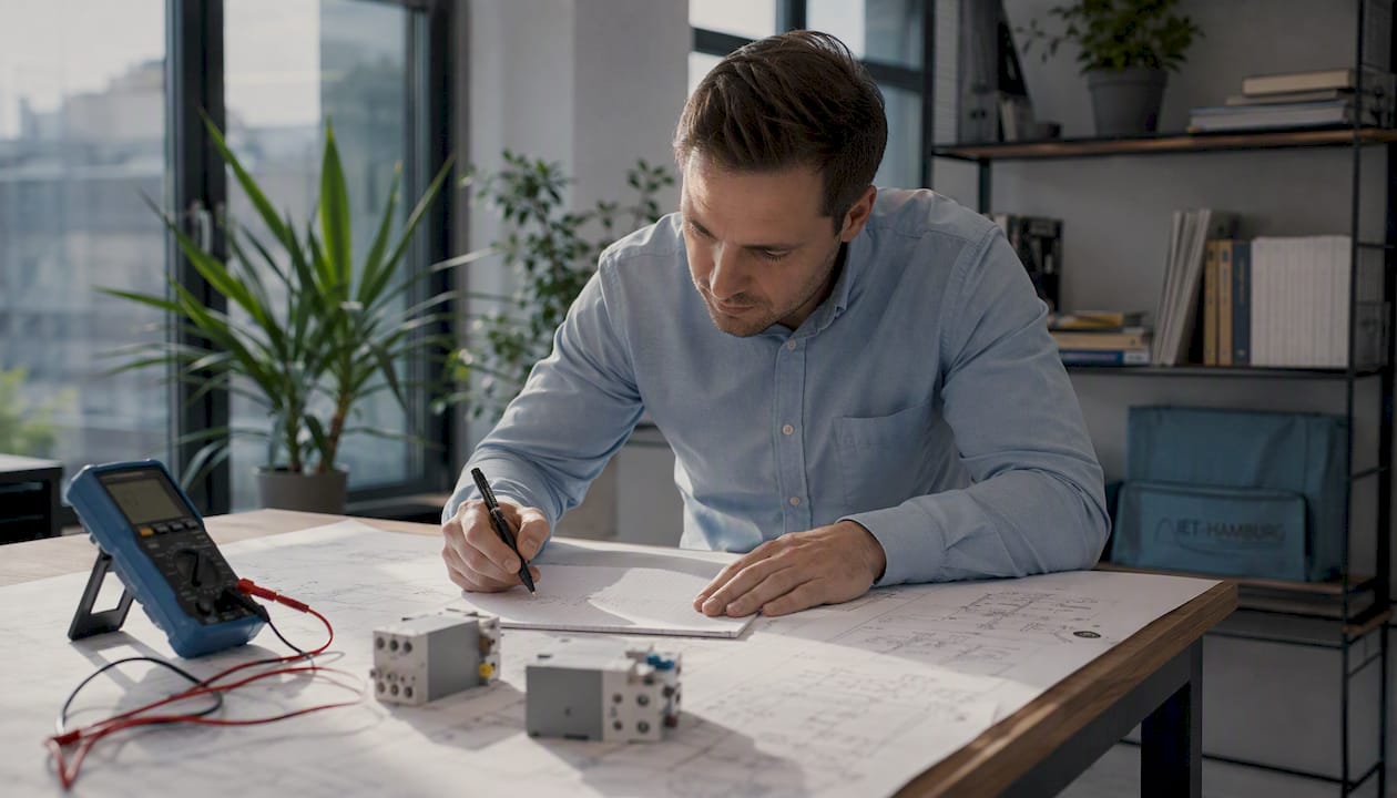 Ein Elektroingenieur hält die Ergebnisse von Prüfungen im Büro schriftlich fest.