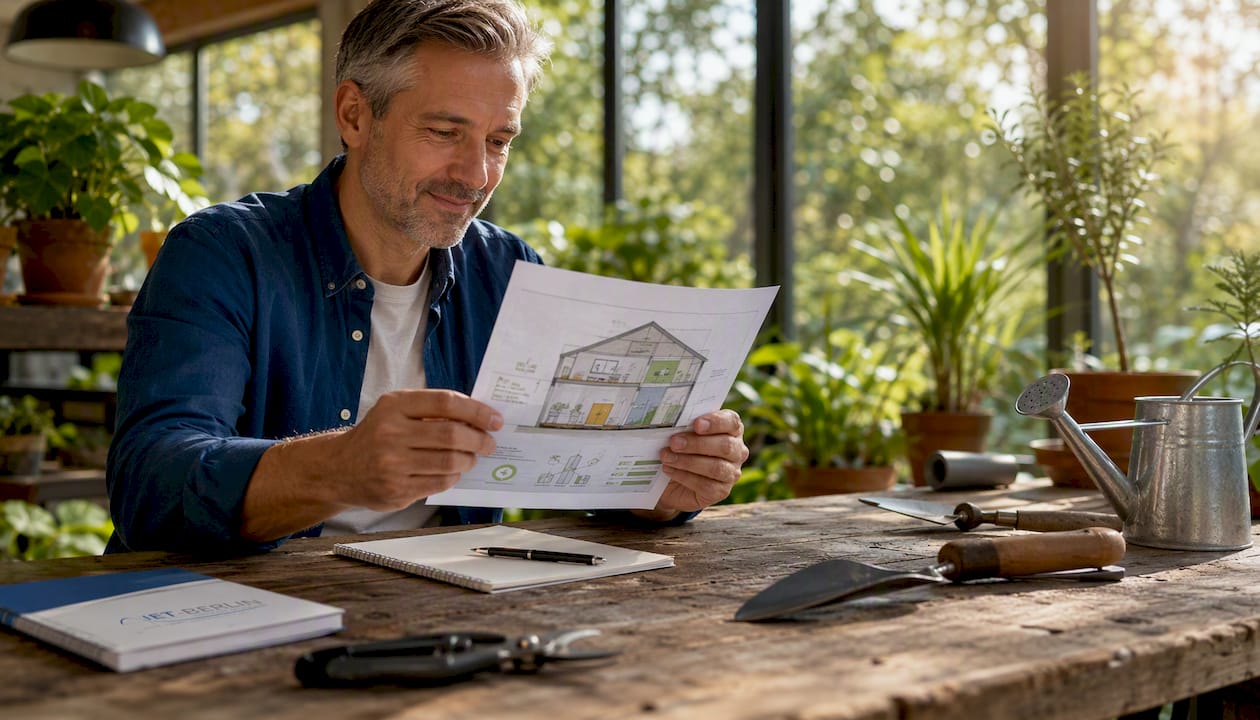 Ein Hausbesitzer überprüft den Energieverbrauch seines ökologisch gebauten Eigenheims.