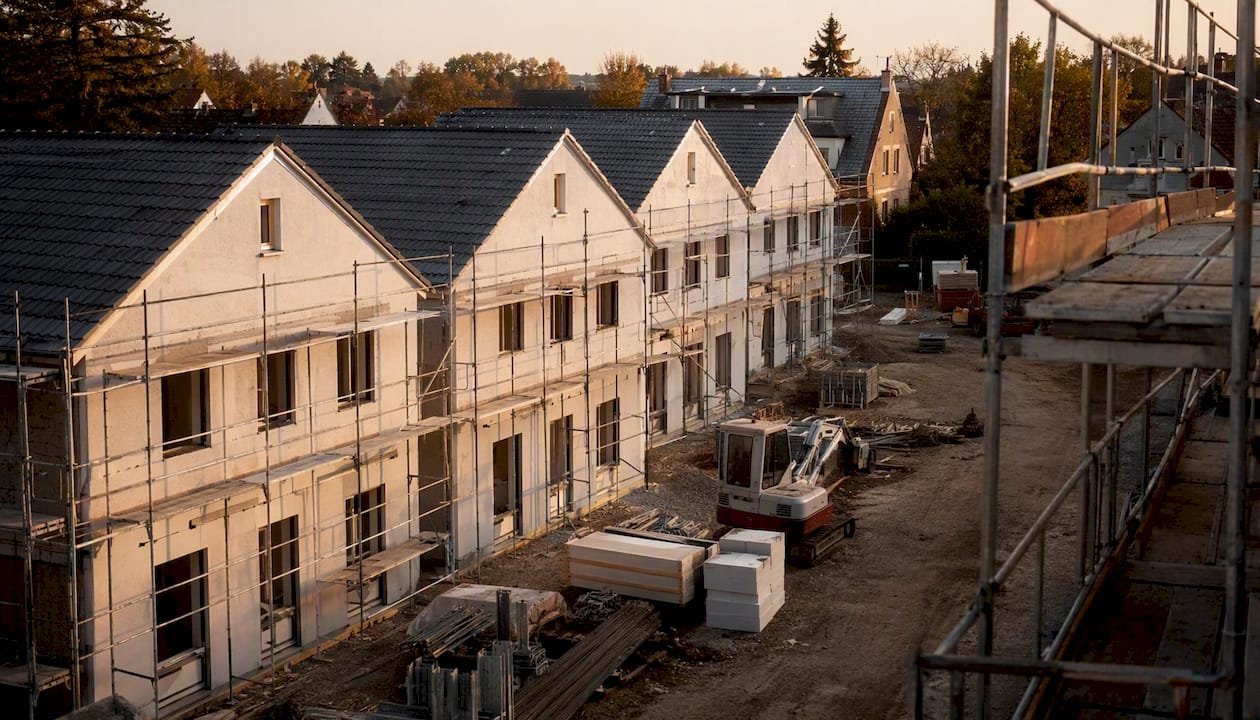 Im Abendlicht entstehende Reihenhäuser
