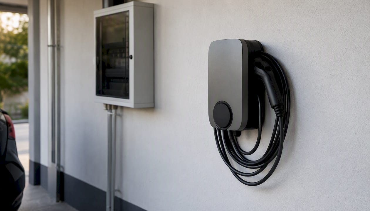 Eine Wallbox zur Ladung Ihres E-Autos direkt an der Garagenwand montiert.