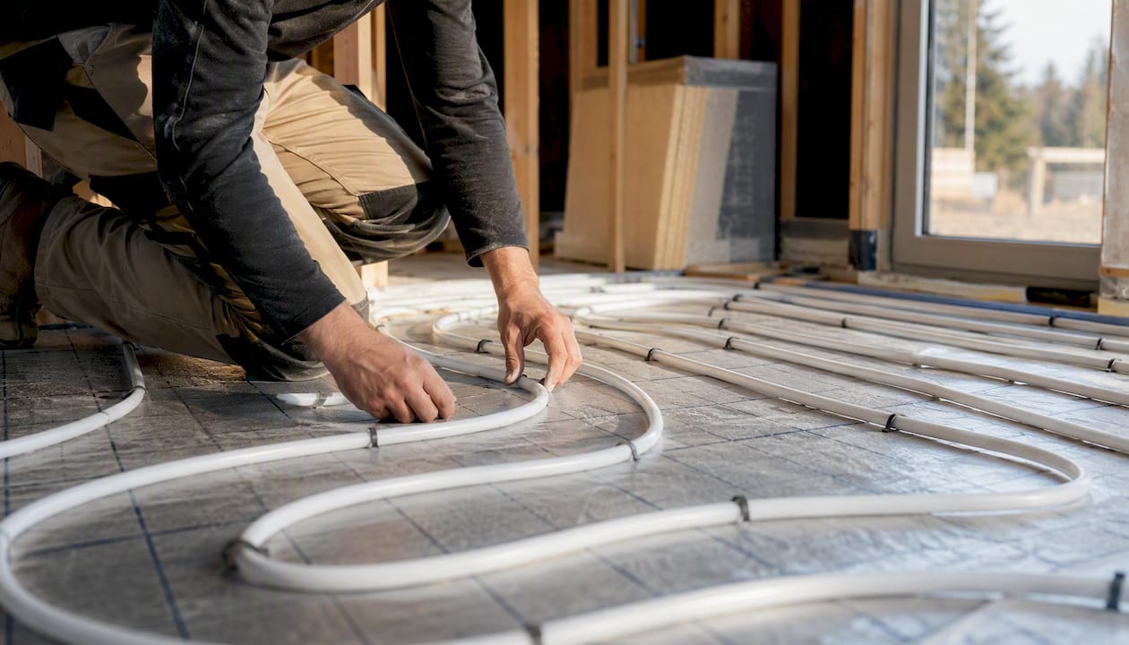 Ein Handwerker verlegt die Fußbodenheizung im Neubau.