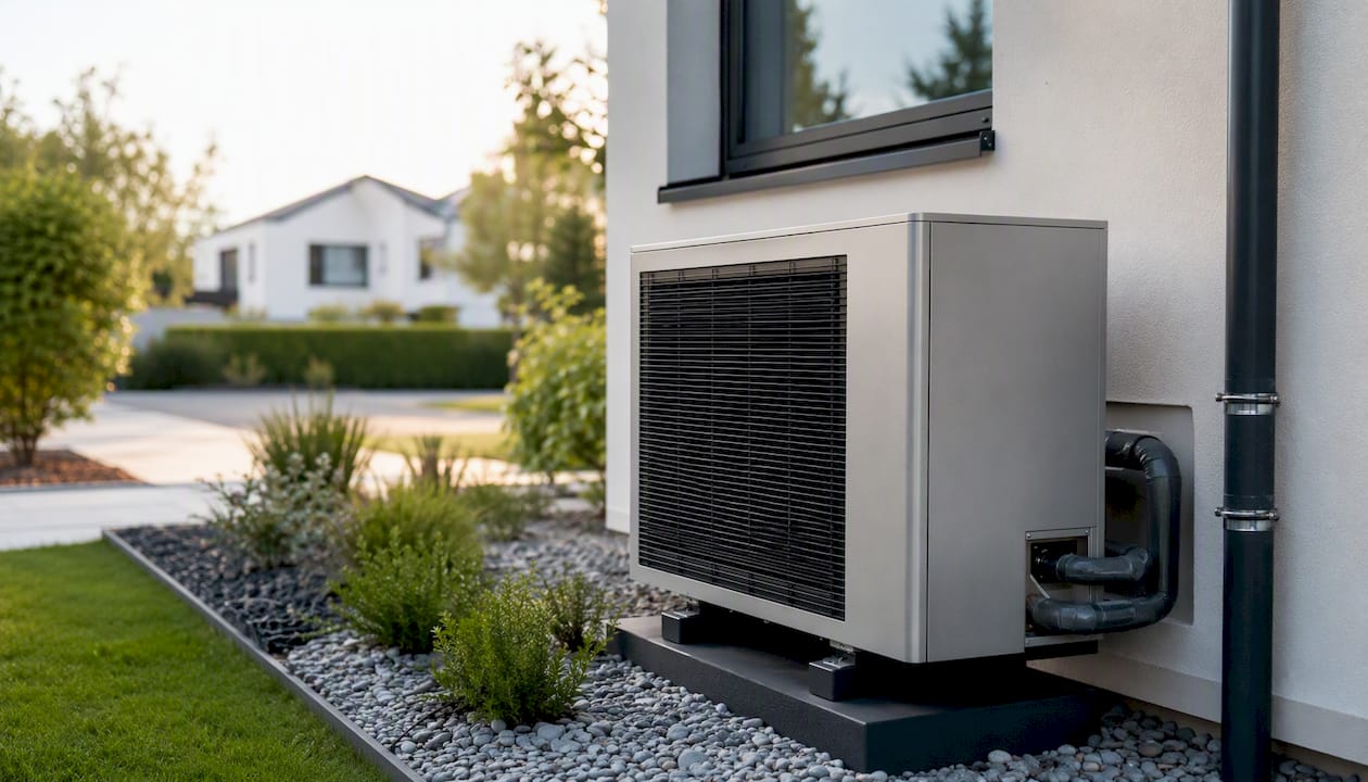Detailaufnahme des Außengeräts einer Monoblock-Wärmepumpe