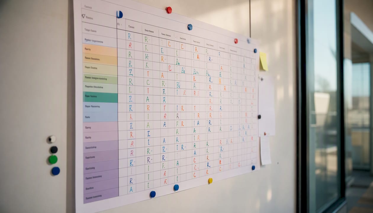 Am Baucontainer hängt eine RACI-Übersicht gut sichtbar am Whiteboard – so behalten alle den Überblick über Zuständigkeiten und Verantwortlichkeiten auf der Baustelle.