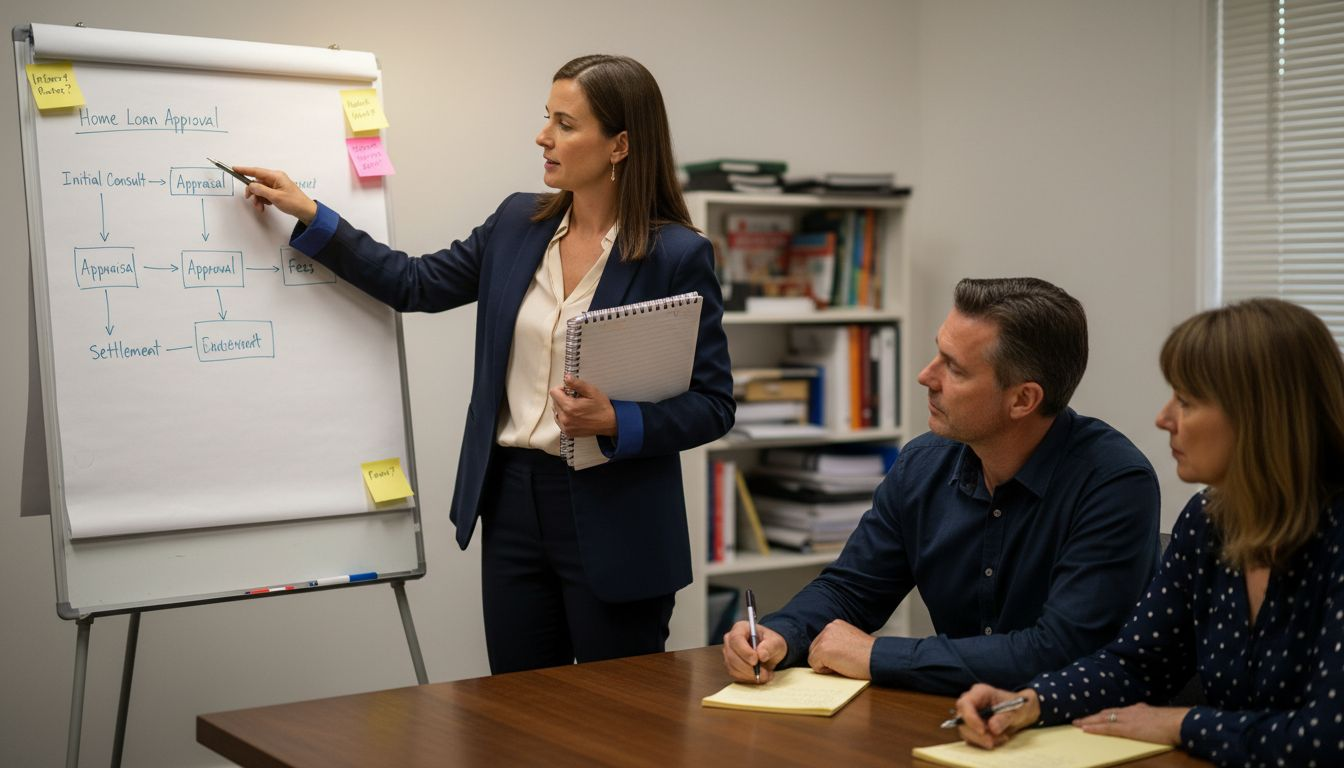 Broker presenting loan process on whiteboard