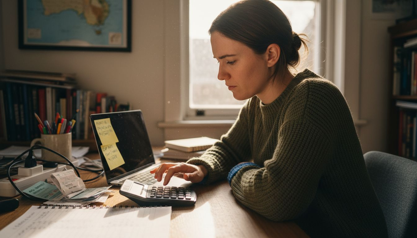 Woman calculating rental returns at desk