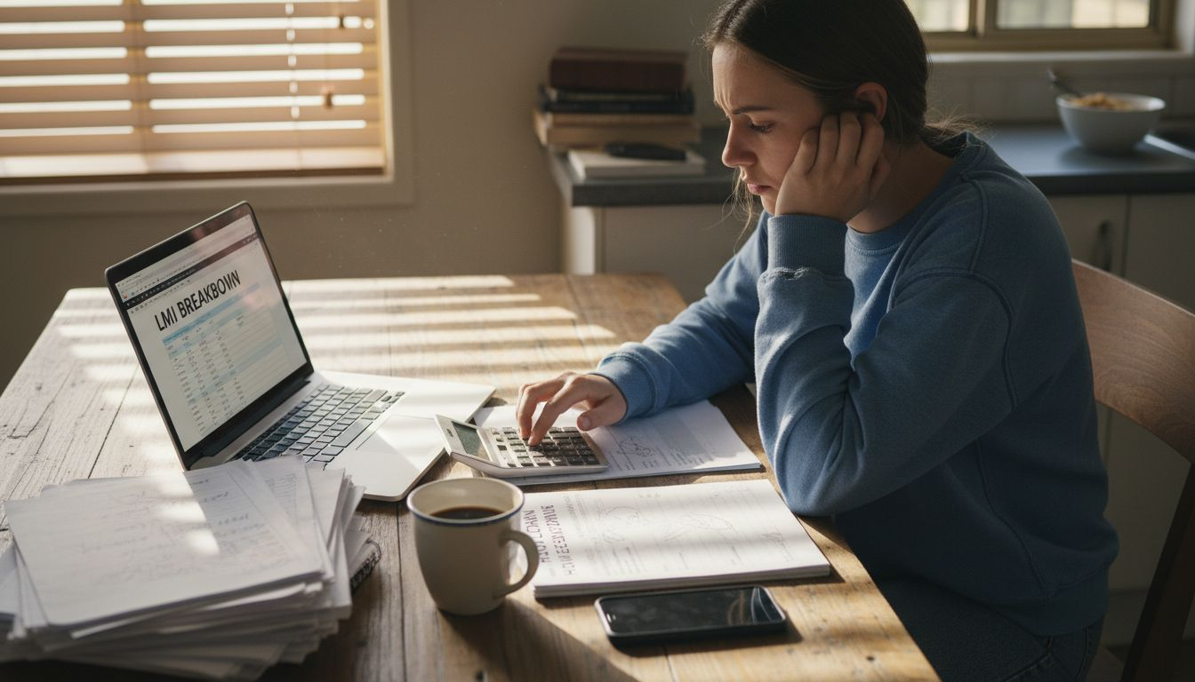 Homebuyer calculating LMI costs at kitchen table