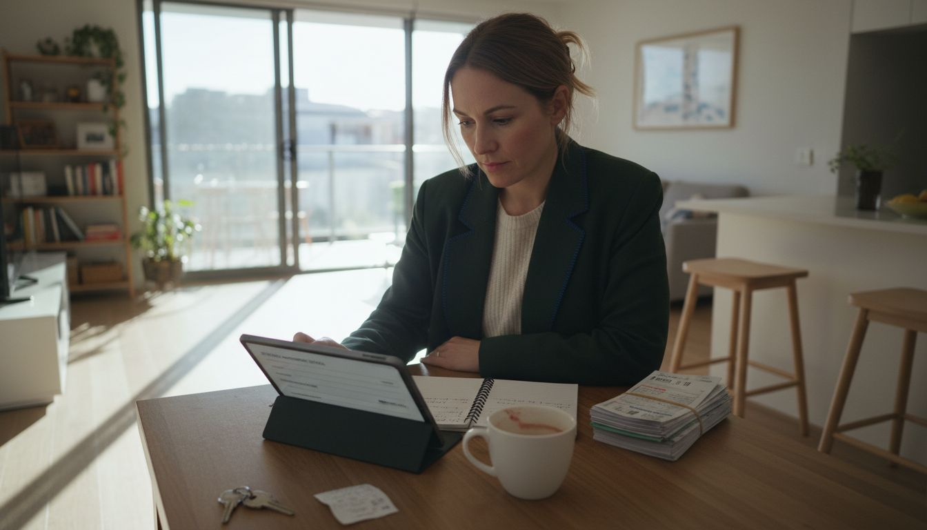 Woman calculating rental income at kitchen table