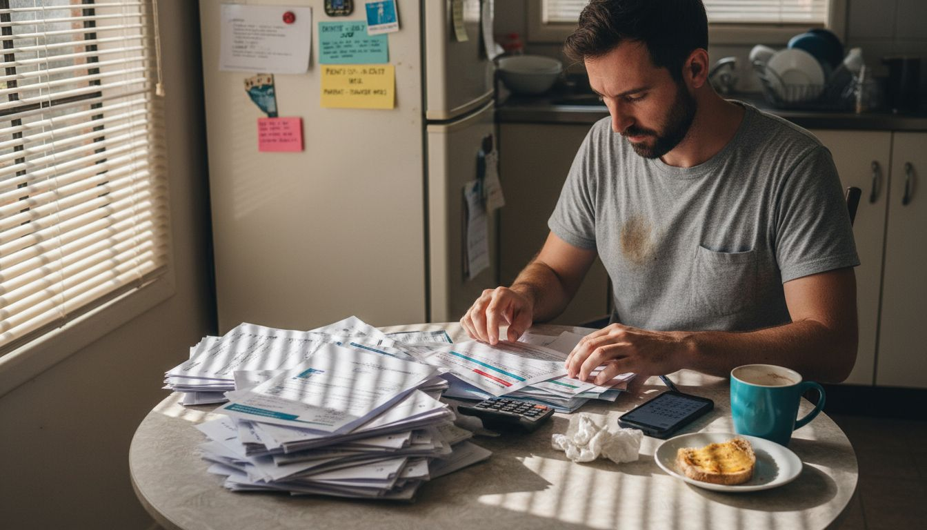 Man at kitchen table organizing debt paperwork