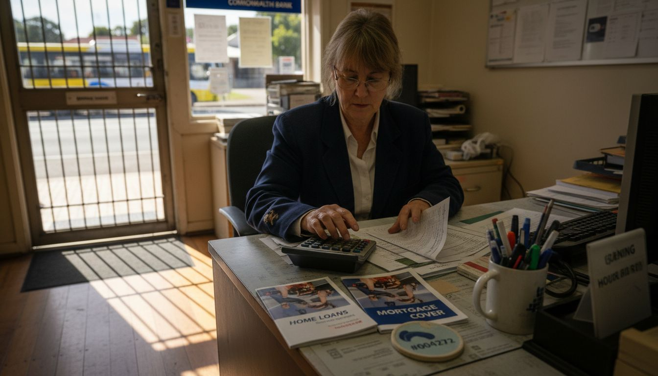 Bank officer calculating LMI premium at desk