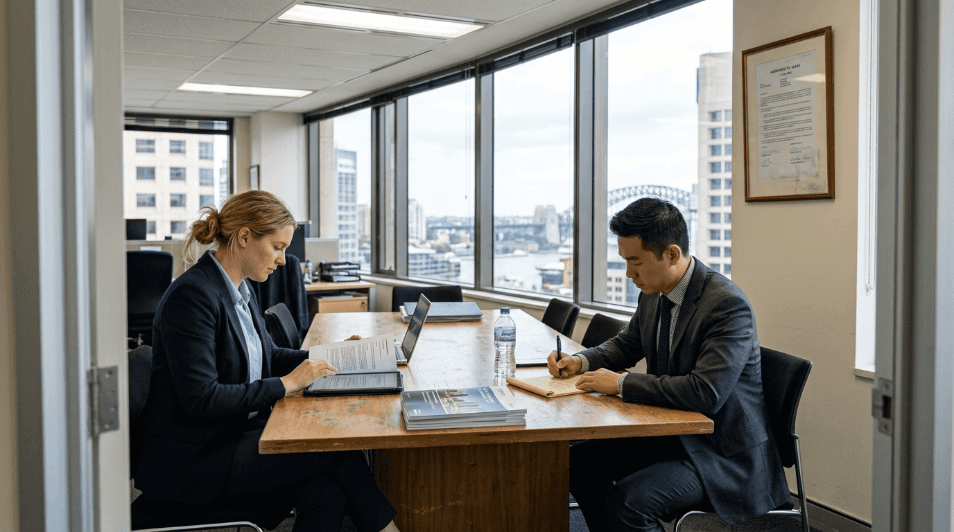 Real estate professionals discussing lease documents