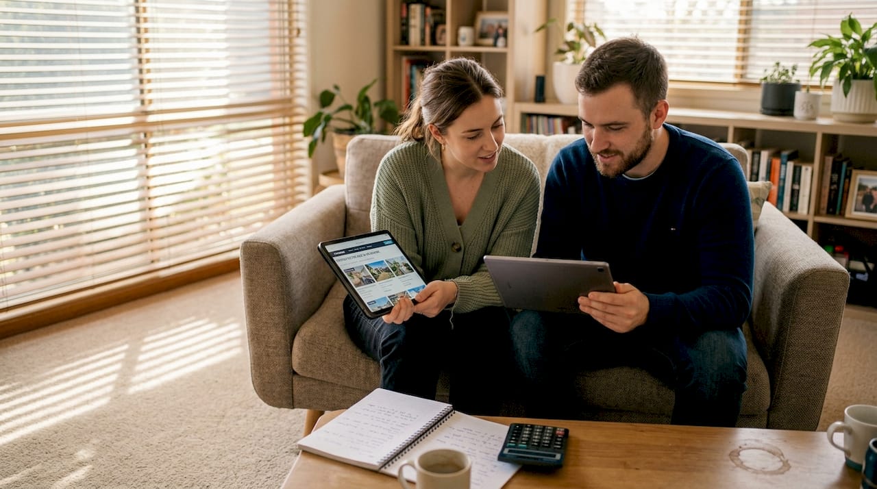Couple comparing property investment options