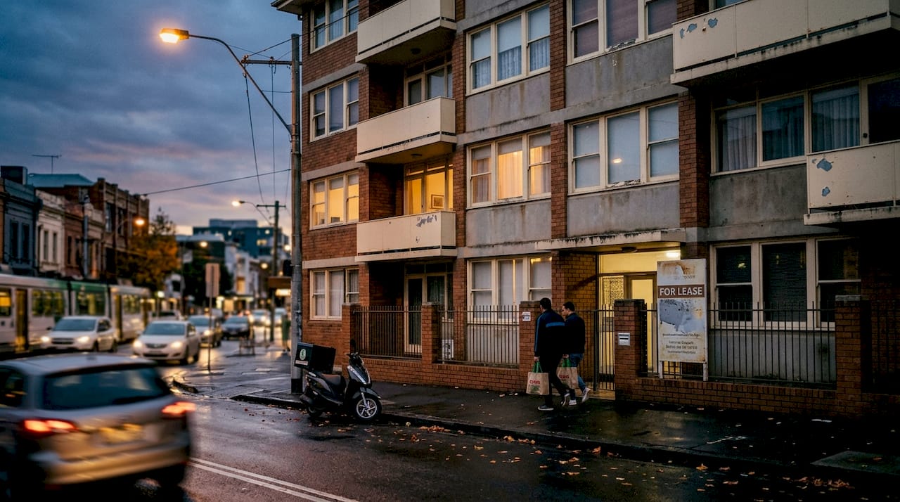 Apartment block at dusk with real estate sign