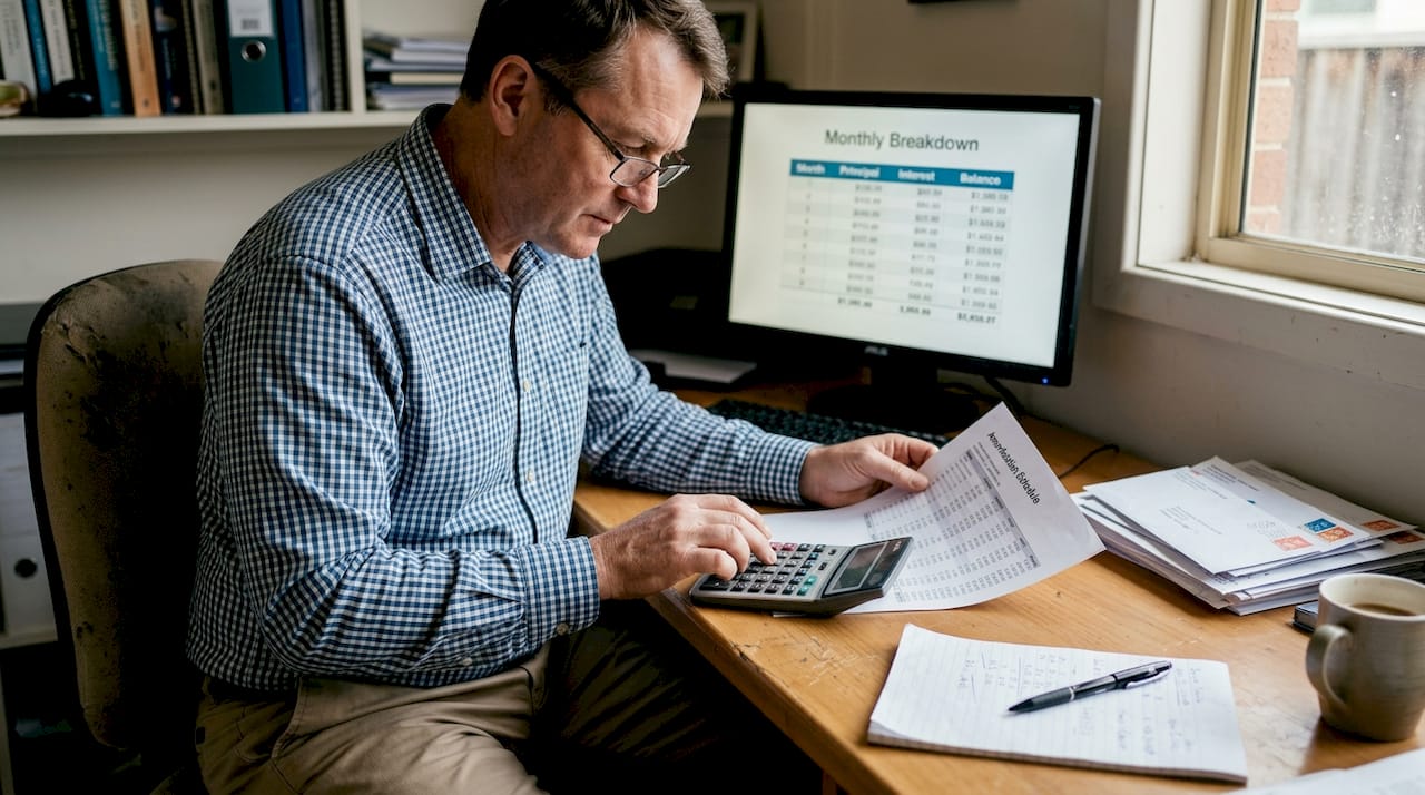 Man calculates mortgage payments at desk