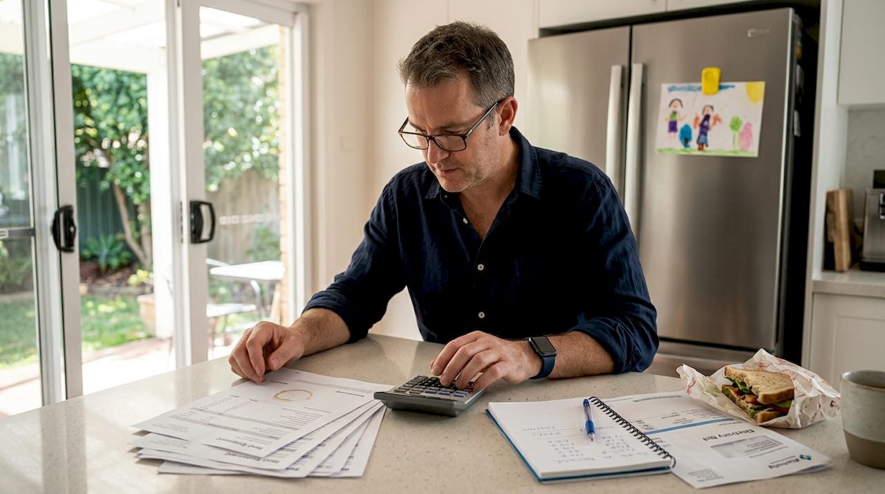 Investor calculating property management costs at home