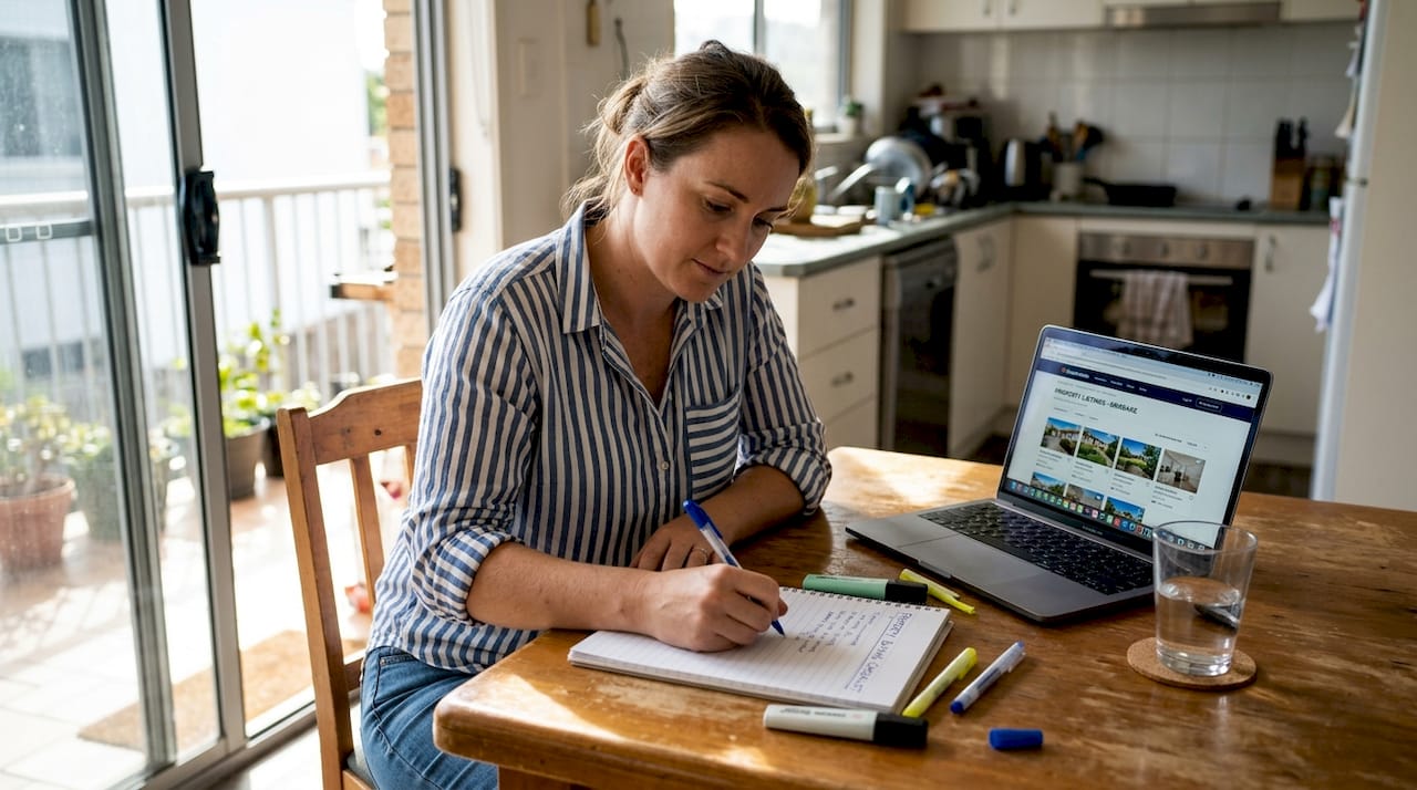Woman writing property criteria checklist