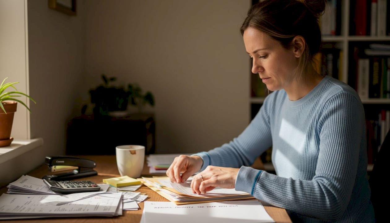 Woman sorting tax receipts in office