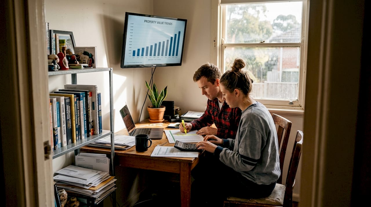 Couple analyzing property value trends at home