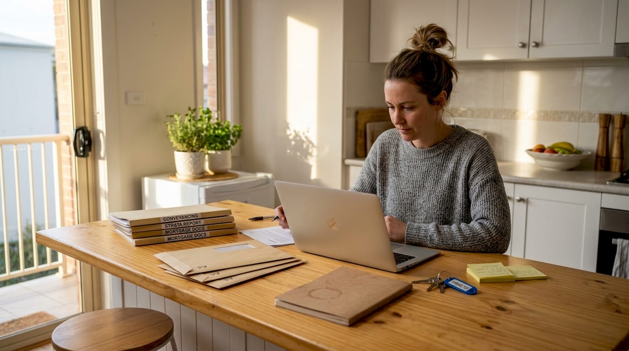 Woman organizing off-plan property documents