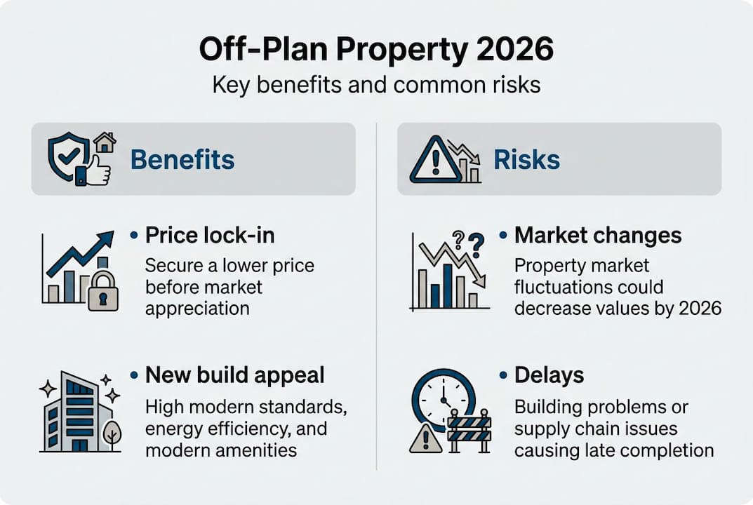 Infographic showing benefits and risks of off-plan buying