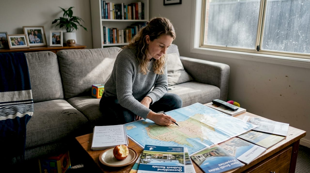 Woman analyzing property map in living room