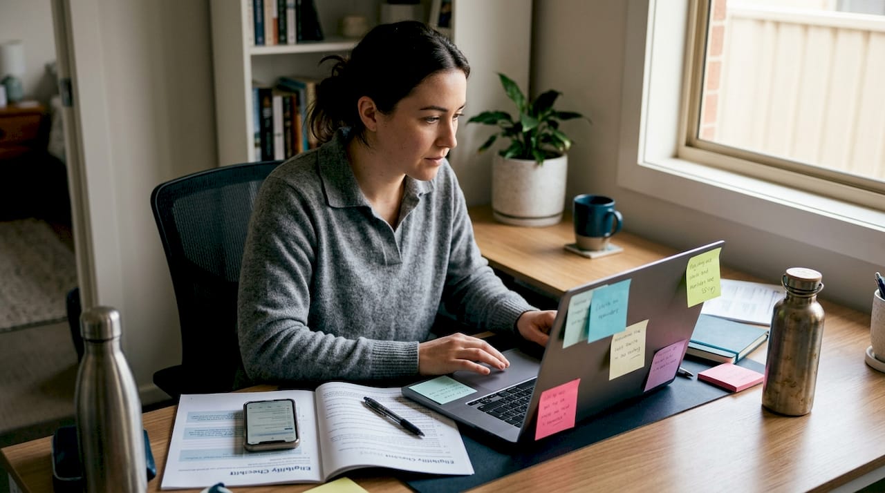 Woman checks super saver eligibility home desk