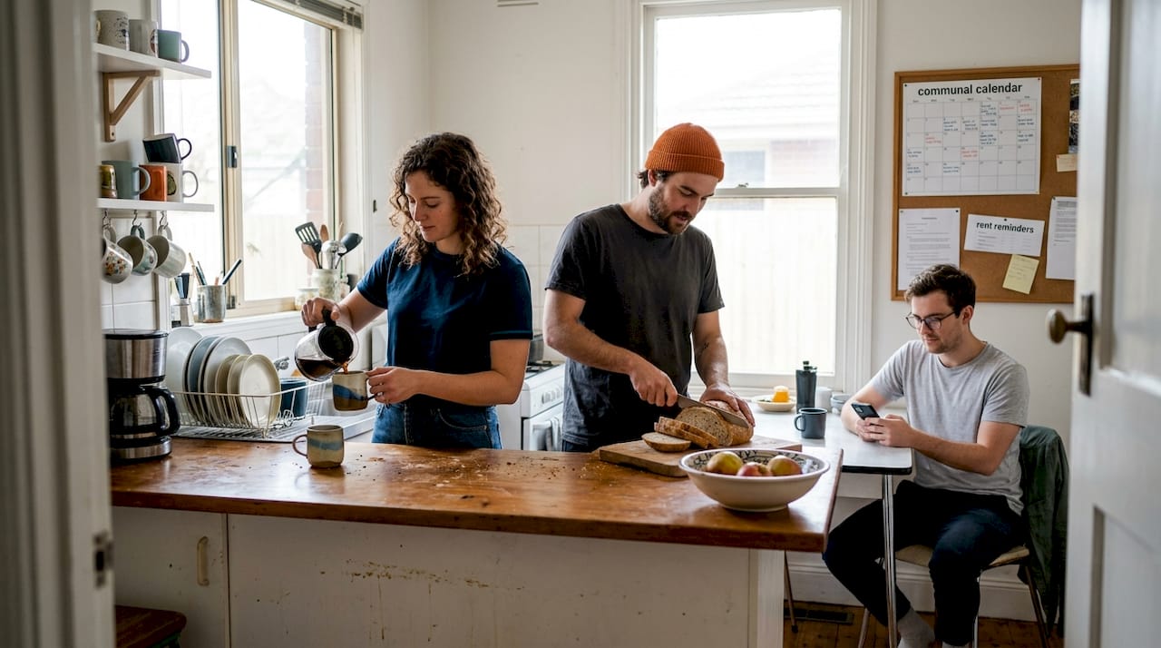 Young adults cooking in co-living apartment kitchen