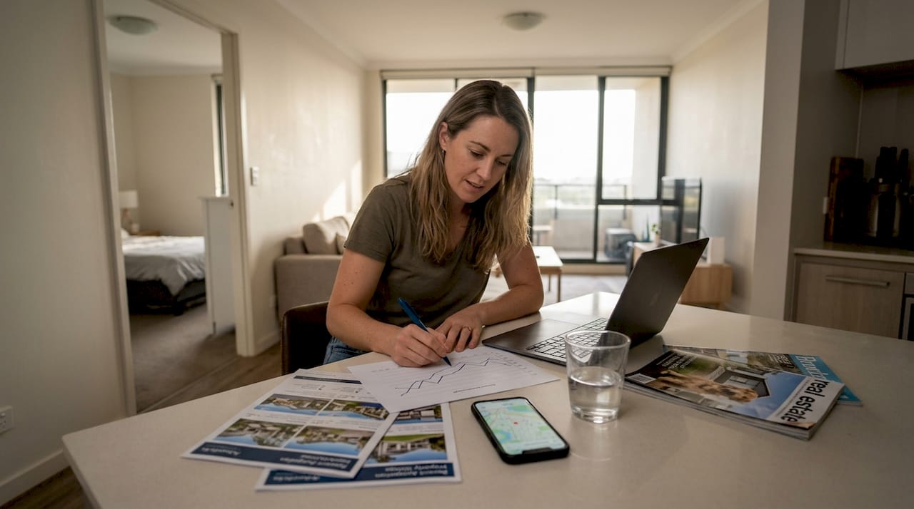 Woman analyzing property market trends at home
