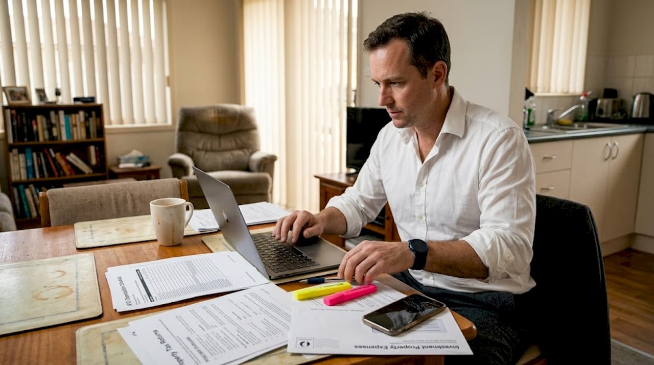 Investor completing tax documents at dining table