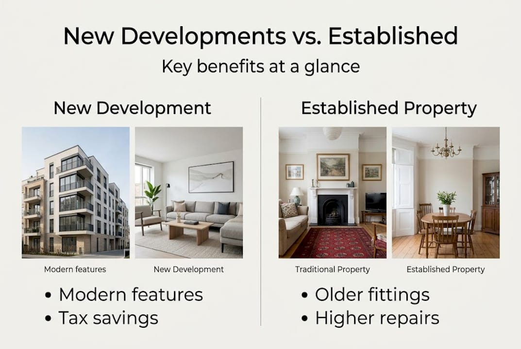 Infographic comparing new developments and established property