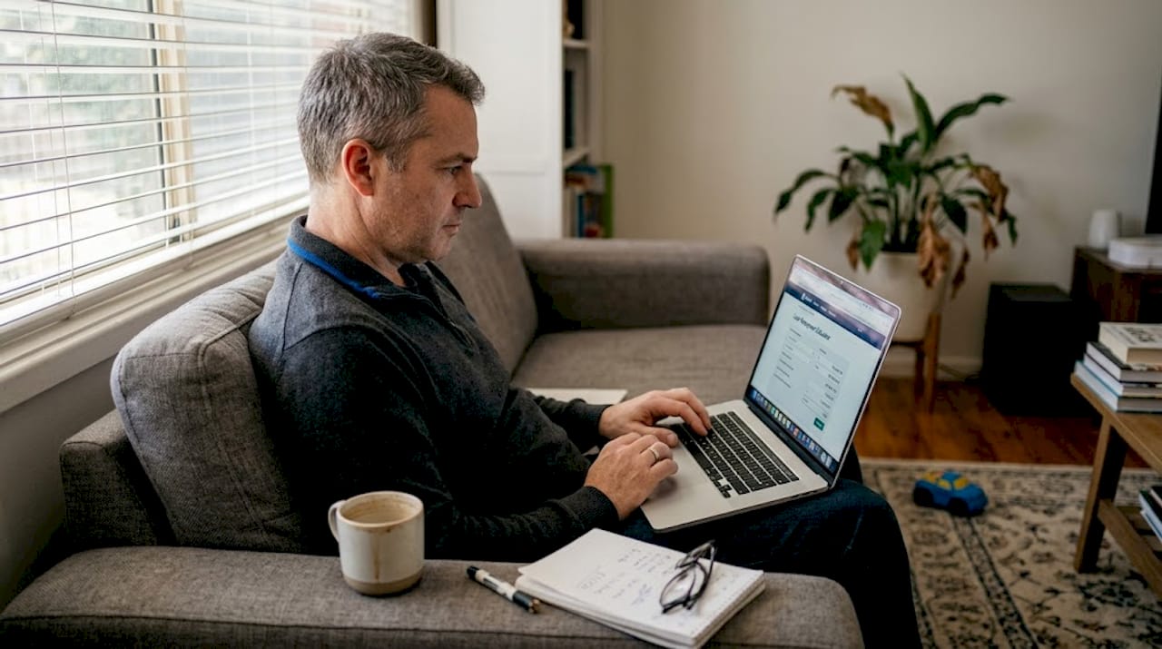Man calculating mortgage repayments from living room