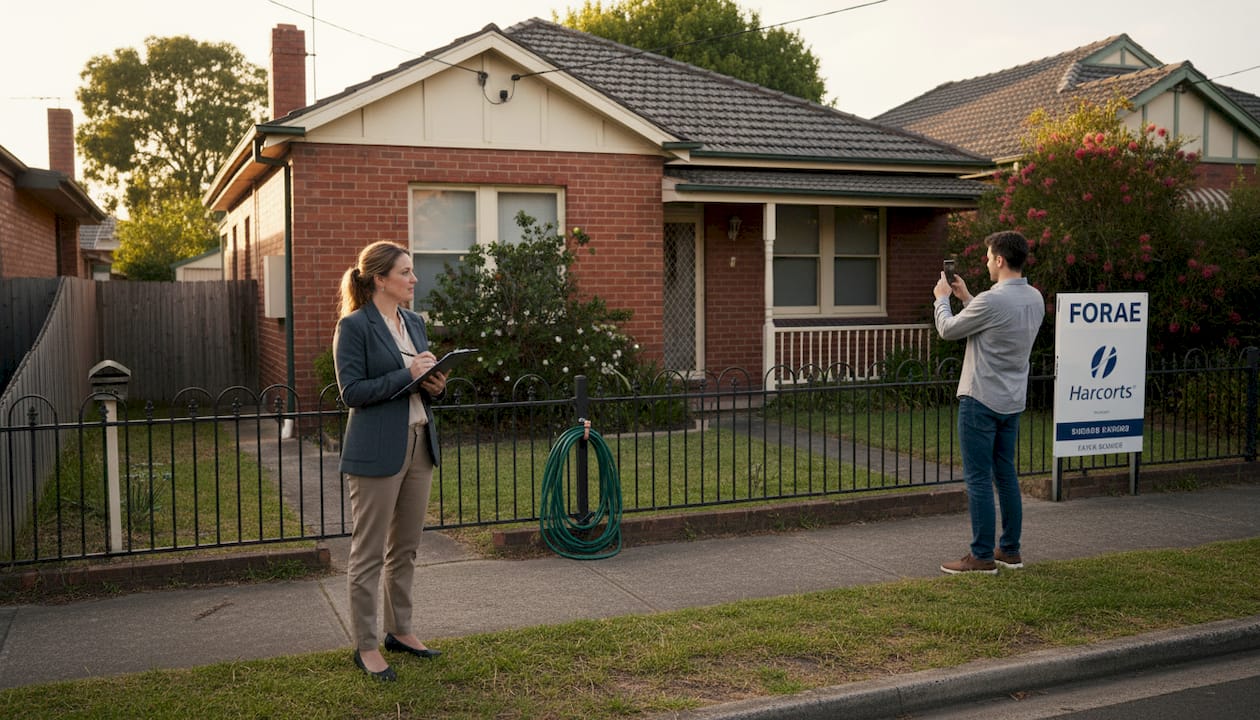 Agent and buyer inspecting house for investment