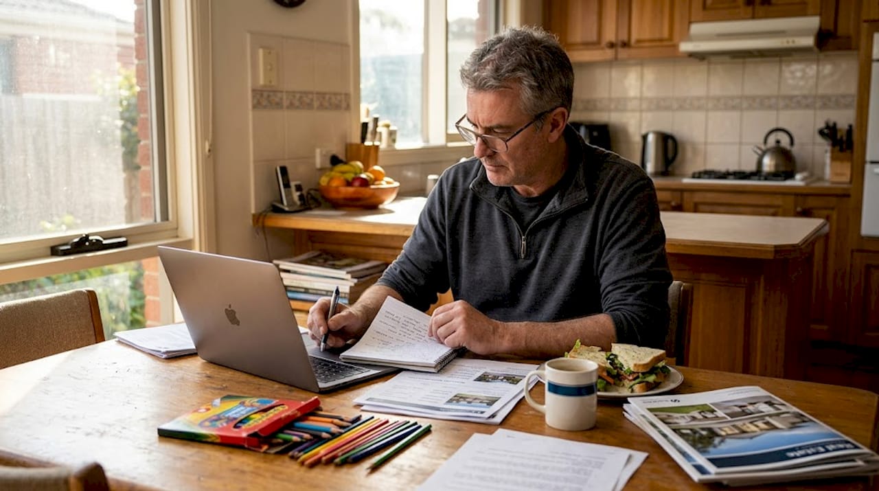 Experienced mentor reviewing notes at kitchen table