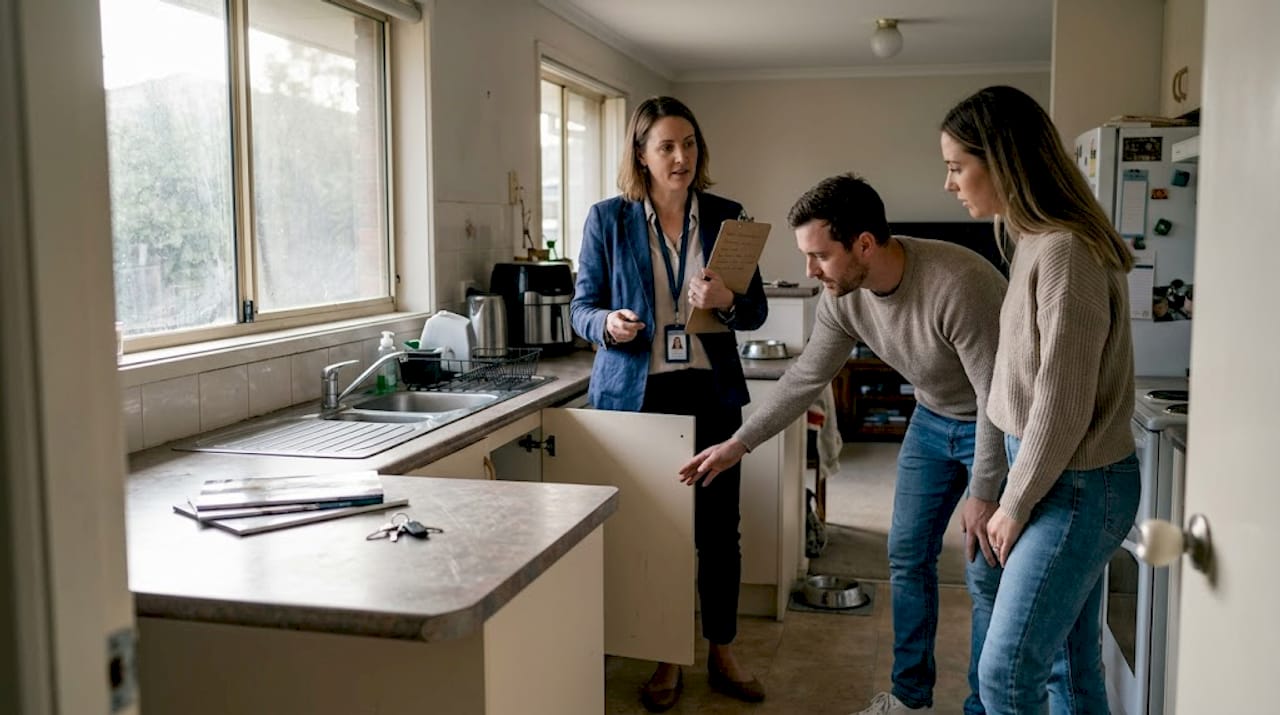 Agent leading couple through rental property inspection