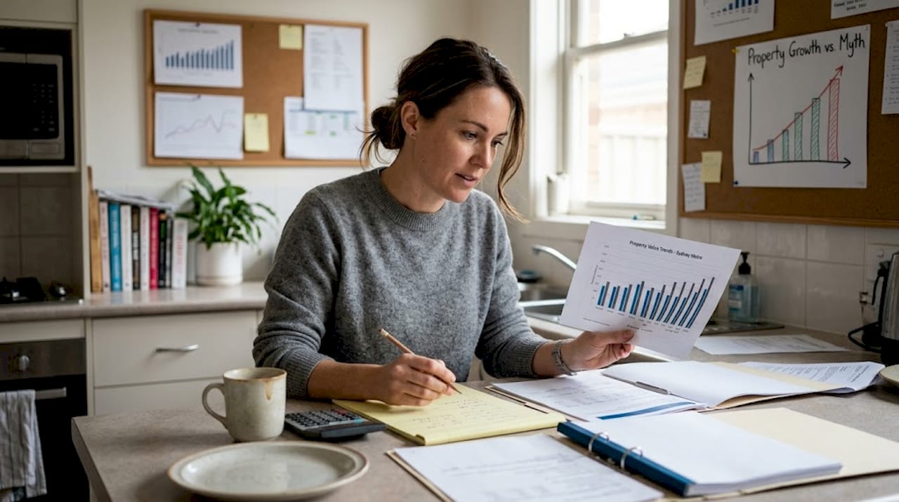 Analyst comparing property trends at kitchen counter