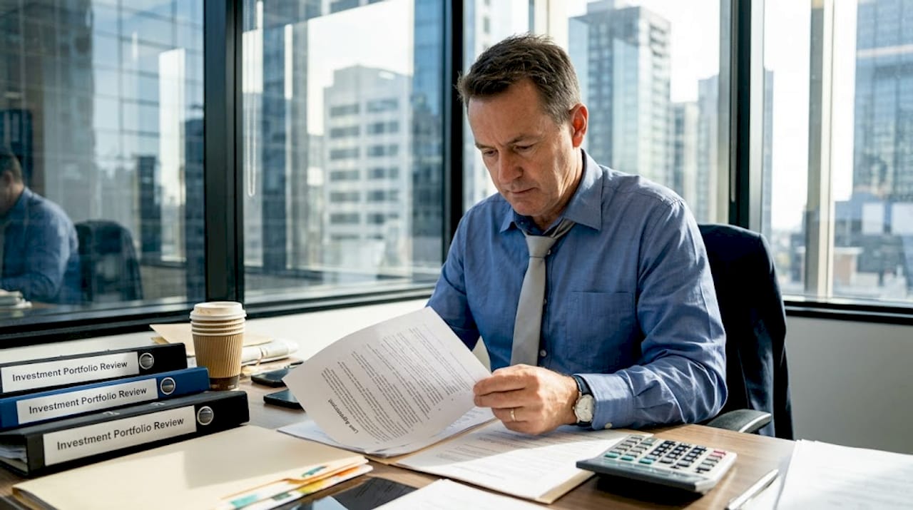 Mortgage broker reviewing loan documents at desk
