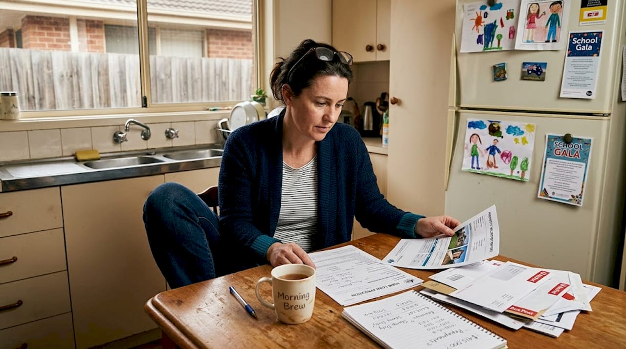 Woman reviewing loan paperwork in kitchen