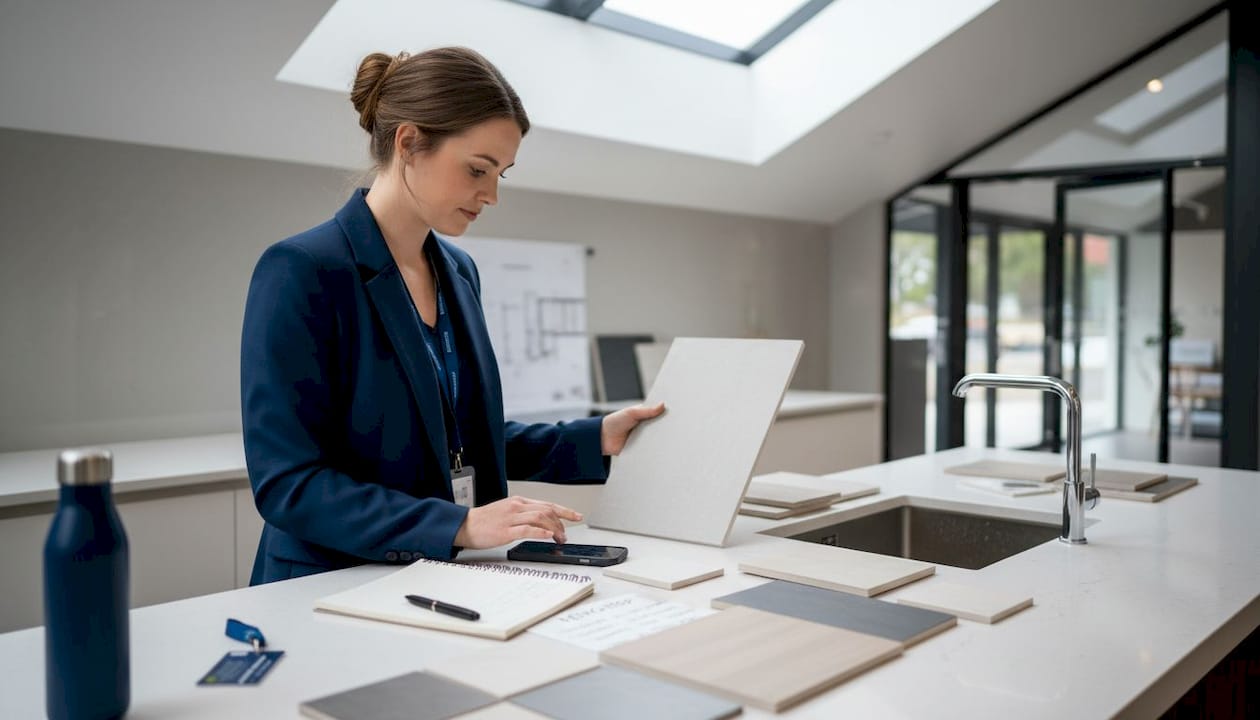 Woman choosing finish options in display kitchen