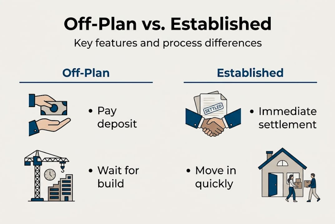Infographic comparing off-plan and established buying steps