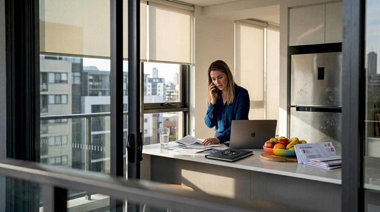Agent reviewing reports in apartment kitchen