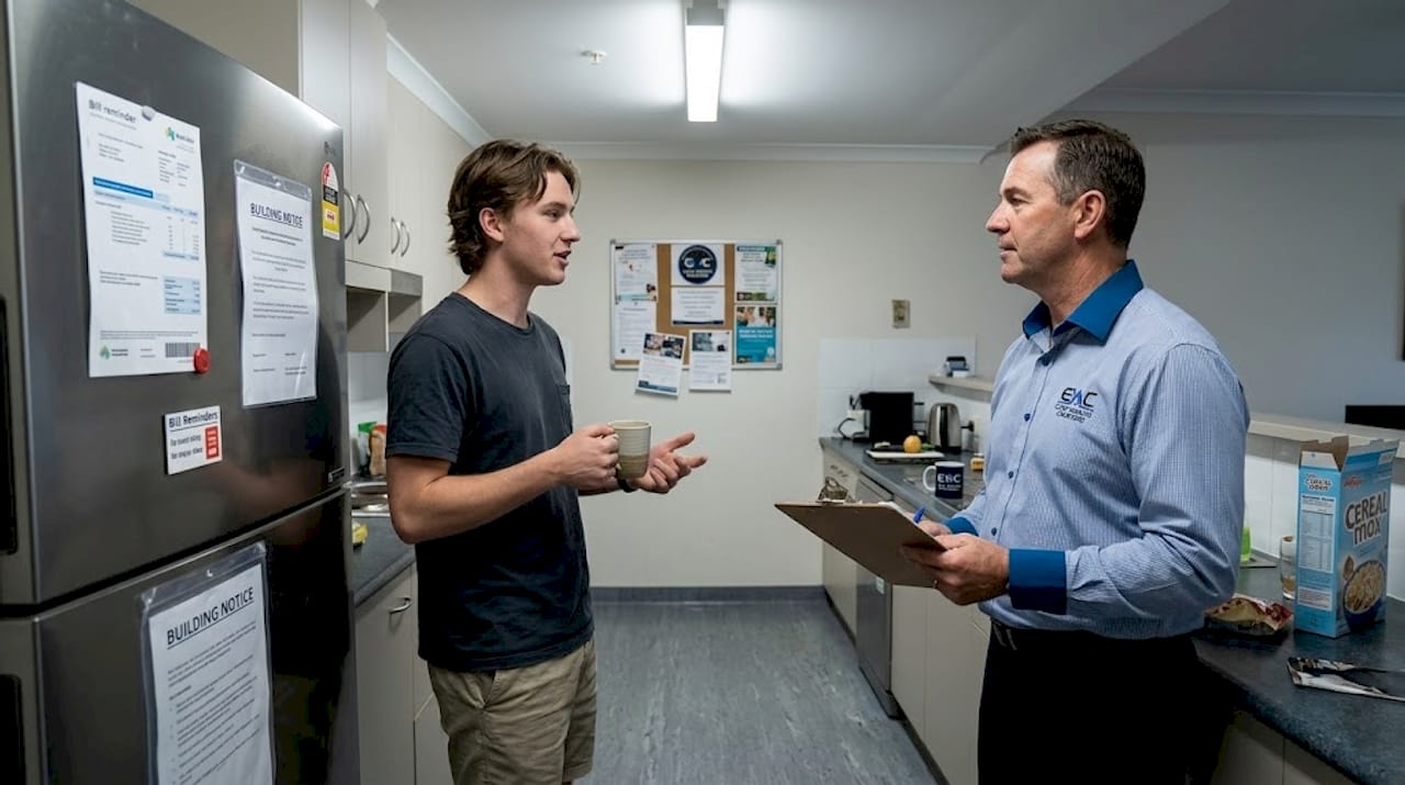Manager and tenant discuss lease in apartment kitchen