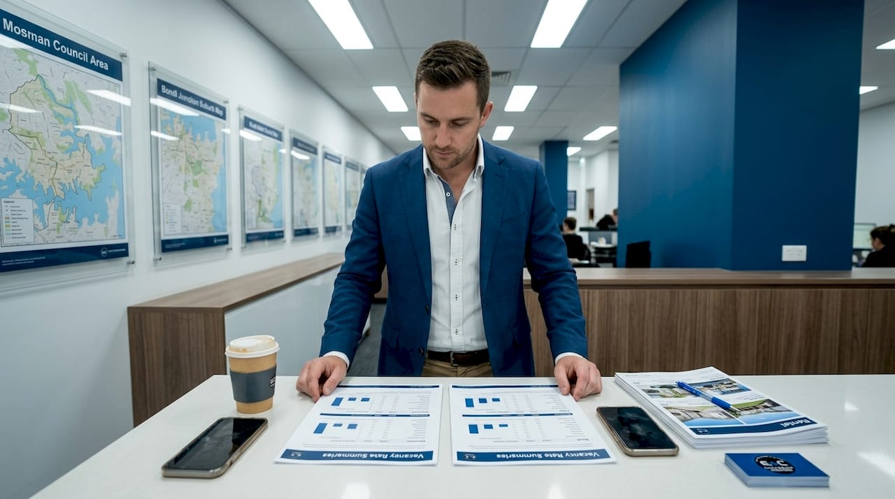 Real estate agent comparing vacancy rate printouts
