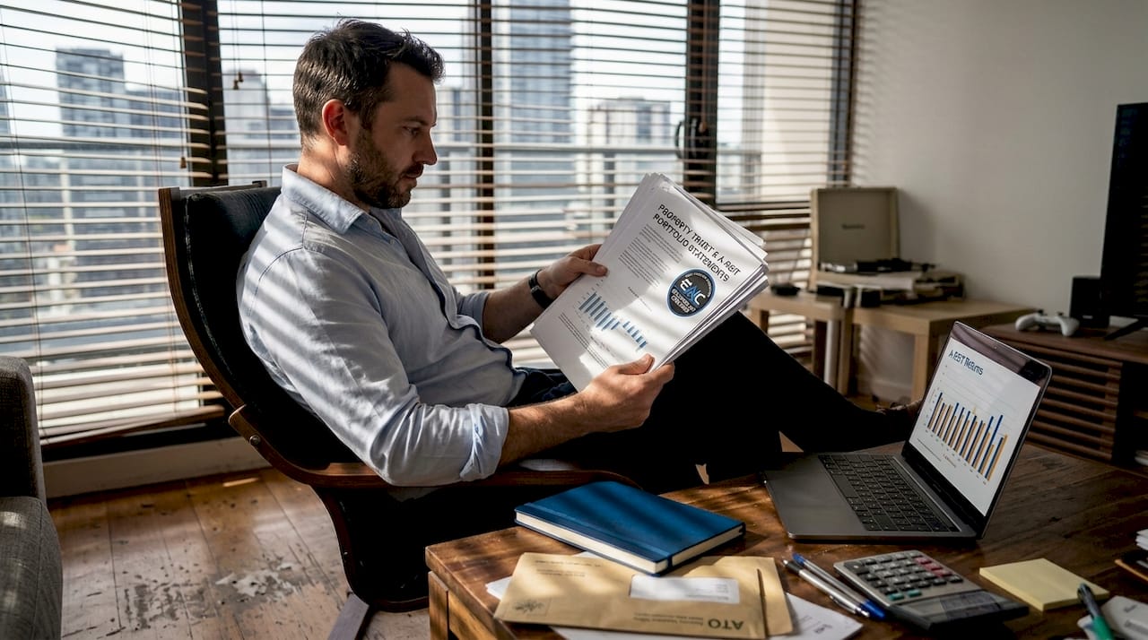 Man reading A-REIT statements in apartment lounge