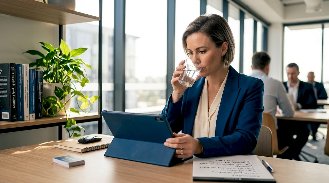 Property manager reviews maintenance schedule at table