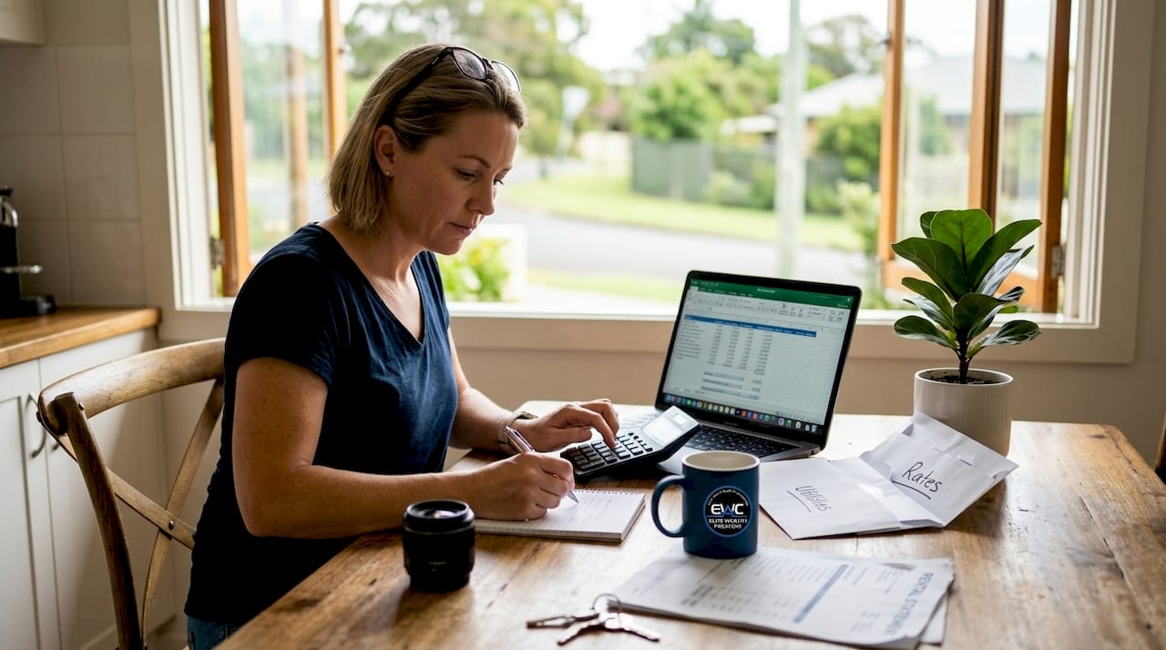 Person calculating rental yield with tablet and papers